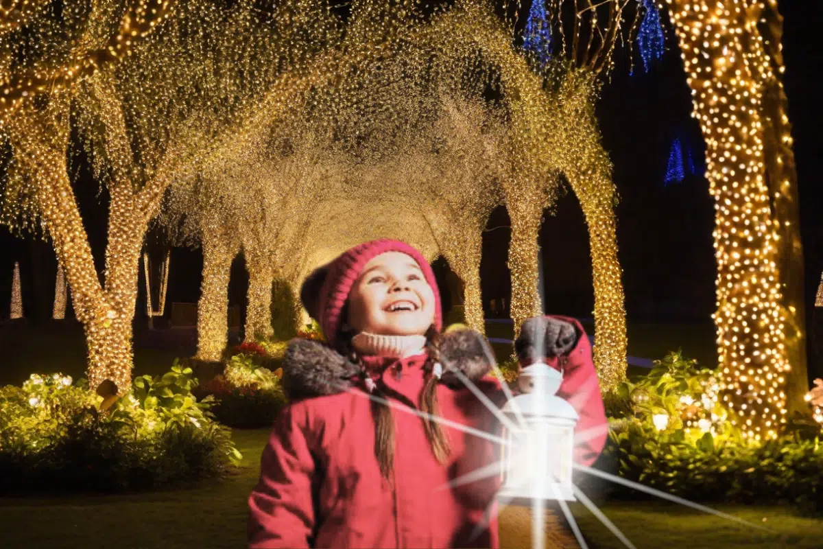 enfant souriant devant les lumières de noel