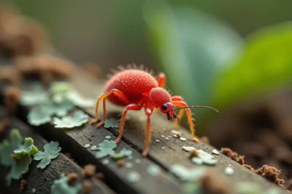 Gros plan d'un acarien trombidion rouge velours sur l'écorce d'un poteau de jardin recouvert de lichen