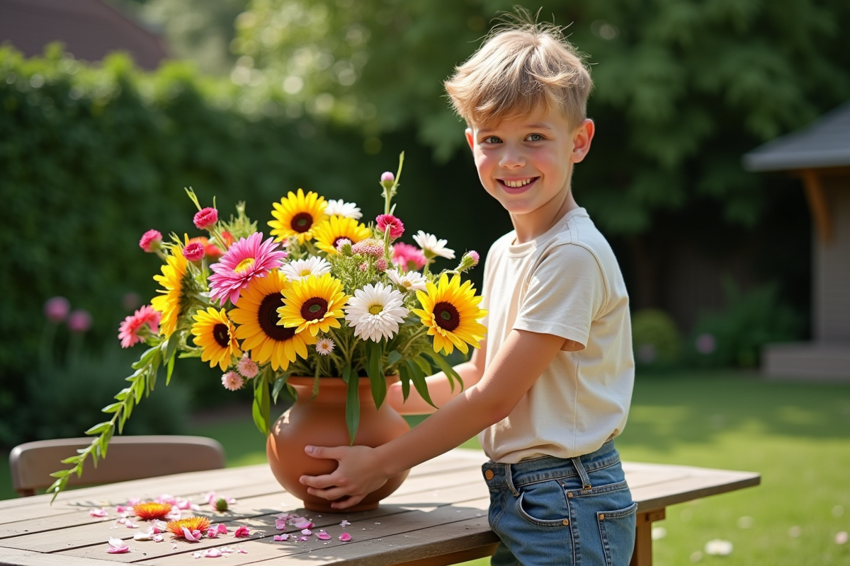 Adolescent arrangeant des fleurs dans un vase sur une table de jardin