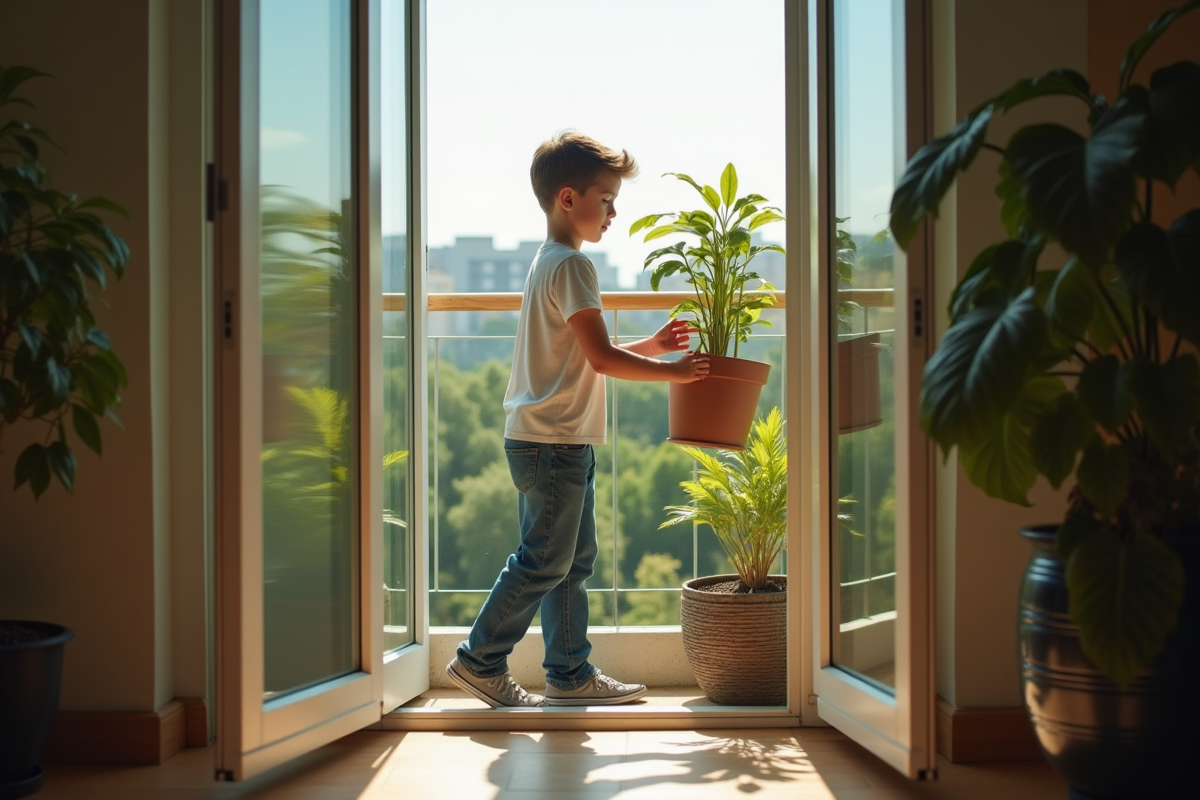 Jeune garçon déplaçant une plante du balcon à l