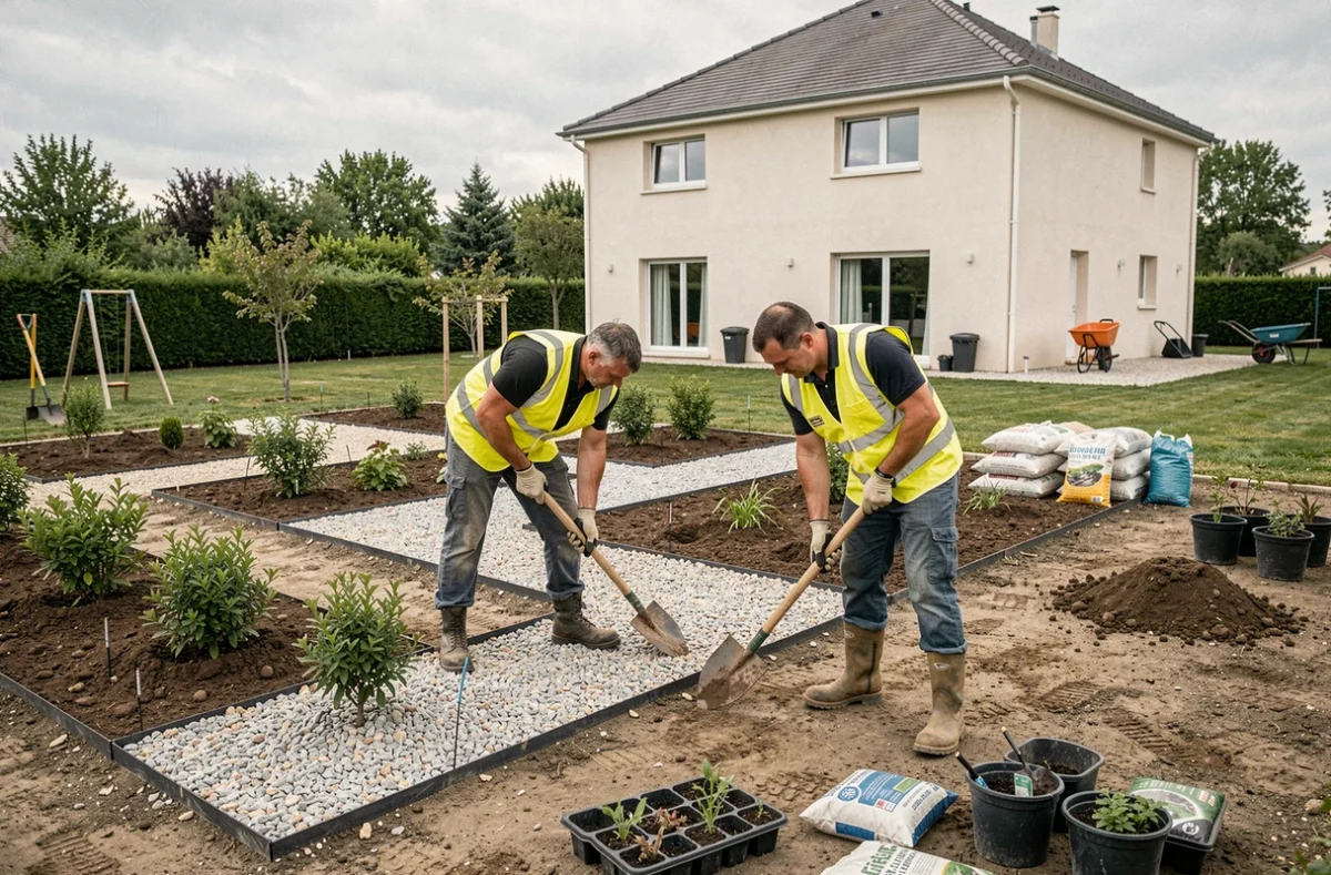 Deux paysagistes d'AFC Paysage aménagent un jardin avec des allées en gravier et des plantations d'arbustes à Saint-Étienne-de-Montluc