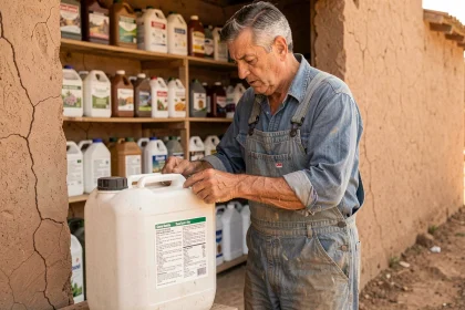 Agriculteur espagnol lisant l'étiquette d'un produit herbicide au glyphosate dans une remise agricole en Andalousie