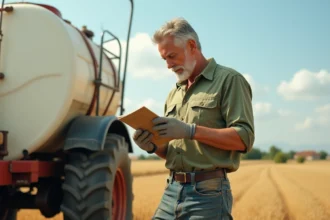 Agriculteur espagnol lisant l'étiquette du Roundup Ultra Plus dans un champ de blé en Castille