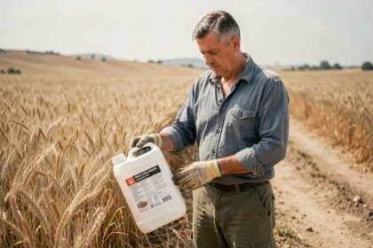 Agriculteur espagnol lisant l'étiquette d'un bidon de glyphosate de 5 litres dans un champ de blé