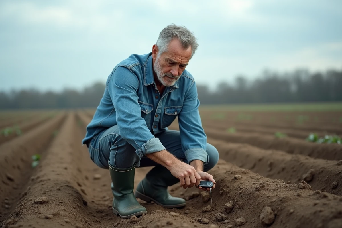 Agriculteur mesurant la température du sol dans un champ préparé pour la culture de patates douces
