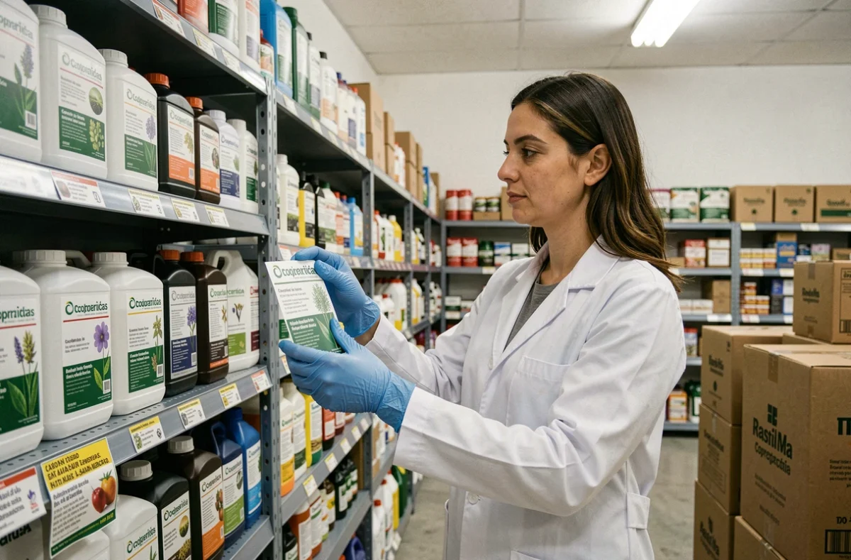 Agronome en blouse blanche examinant des produits herbicides en rayon dans une coopérative agricole espagnole