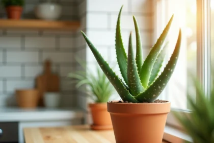 Aloe vera en bonne santé dans un pot en terre cuite sur un rebord de fenêtre ensoleillé, feuilles vertes charnues et bien dressées