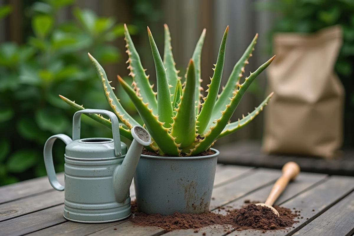 Aloe vera stressée aux feuilles jaunies et ramollies sur une table de jardin en bois, avec arrosoir et terreau pour succulentes