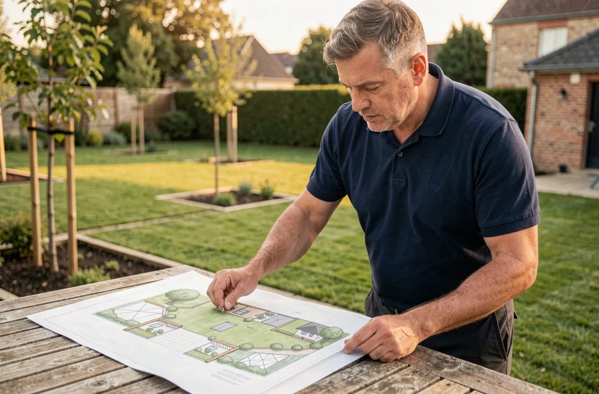 Un paysagiste d'AM Créations consulte un plan de jardin dessiné à la main, avec un projet d'aménagement en cours visible en arrière-plan entre Nantes et Cholet