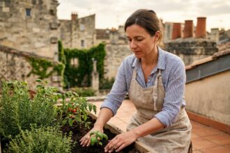 Femme aménageant un potager en bac sur une terrasse urbaine près de Bordeaux