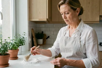 Femme appliquant du Rotalin en poudre sur un rebord de fenêtre de cuisine pour éliminer les mouches domestiques