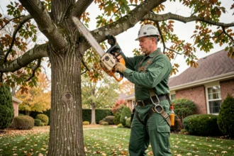 Arboriste professionnel en train d'élaguer un grand chêne dans un jardin résidentiel en automne