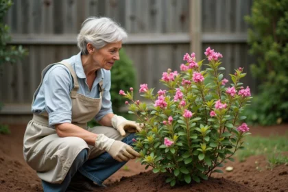 Jardinière examinant un arbuste fleuri rose aux feuilles jaunissantes et à la floraison clairsemée, erreur de plantation dans un jardin de banlieue