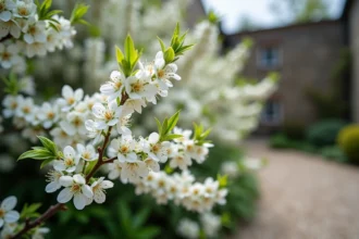 Arbuste à fleurs blanches en pleine floraison printanière dans un jardin résidentiel avec allée en gravier