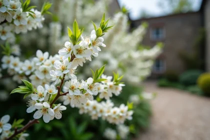 Arbuste à fleurs blanches en pleine floraison printanière dans un jardin résidentiel avec allée en gravier