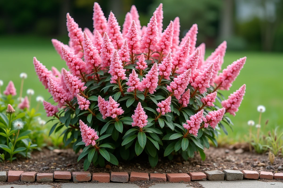 Arbuste fleuri rose avec floraison inégale et feuilles brûlées, résultat d'une erreur de plantation dans un sol compacté et sec