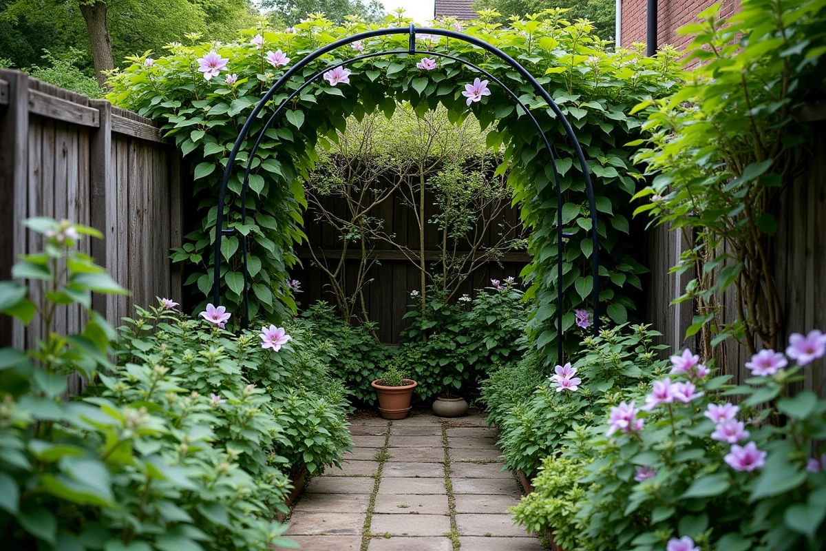 Vue grand angle d'une arche en fer couverte de clématites dans un jardin ombragé avec plantes d'ombre au sol
