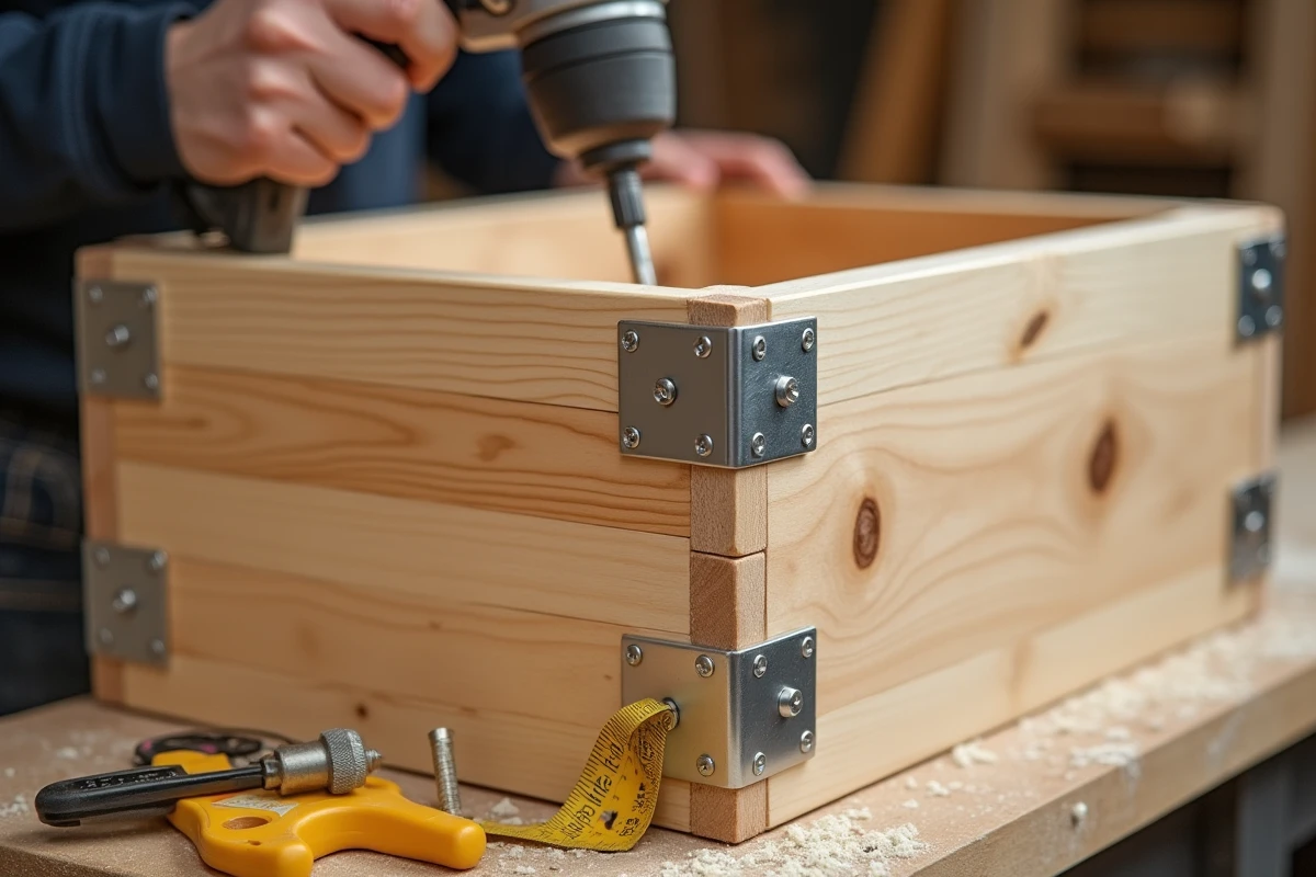 Détail d'assemblage d'une jardinière bois modulable avec visserie galvanisée et planches de pin ajustables