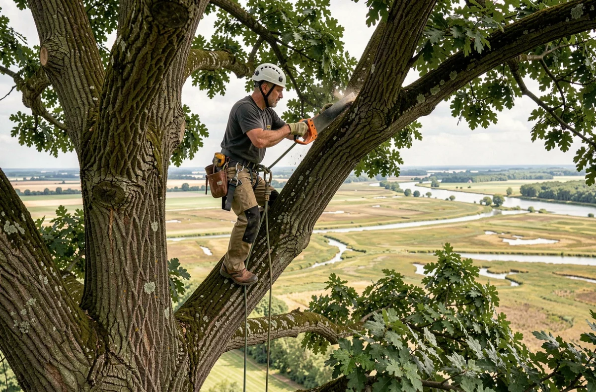 Un élagueur d'Atout Arbre en équipement de sécurité taille un grand chêne en hauteur à Cordemais, avec la vallée de la Loire visible en arrière-plan
