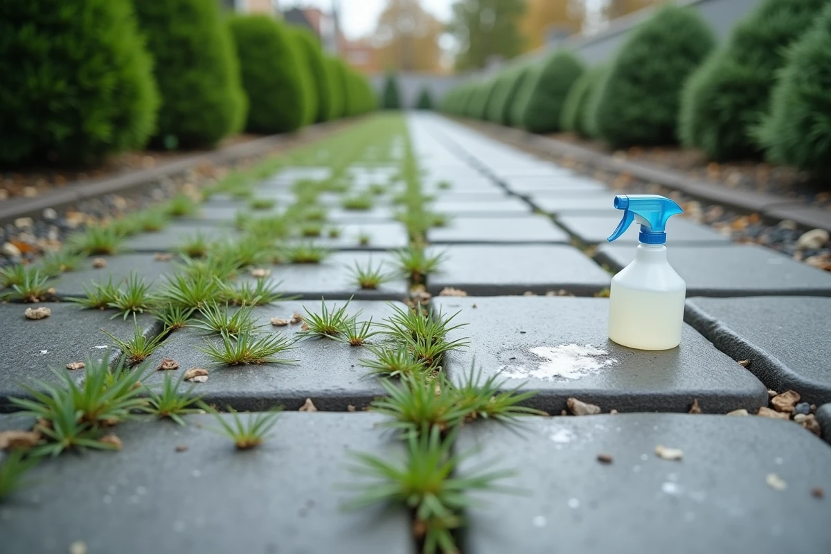 Comparaison avant-après du nettoyage naturel de pavés autobloquants envahis par les mauvaises herbes