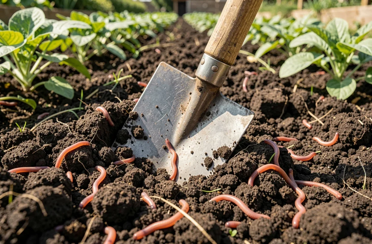 Bêche enfoncée dans une terre de potager fraîchement retournée