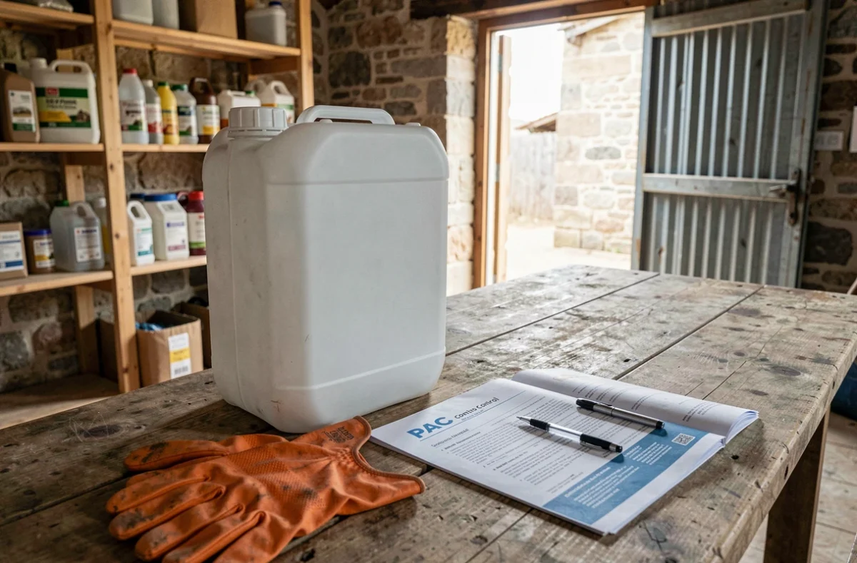 Bidon de glyphosate 5 litres et documents de contrôle PAC sur une table dans un hangar agricole espagnol