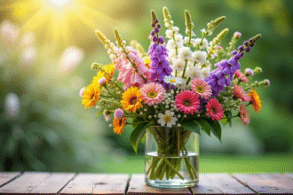 Bouquet de fleurs fraîches en vase sur table en bois