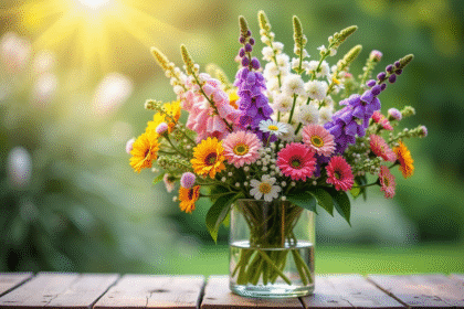 Bouquet de fleurs fraîches en vase sur table en bois