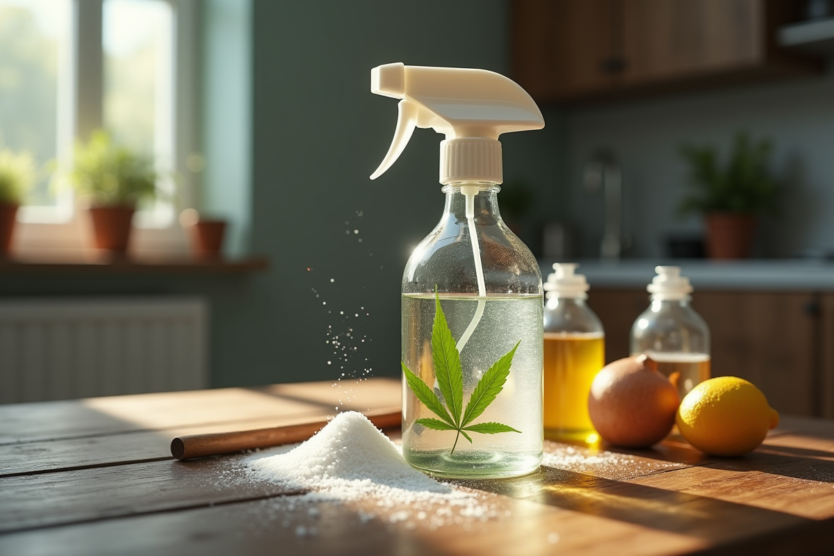 Bouteille de spray naturel avec ingrédients maison sur une table en bois