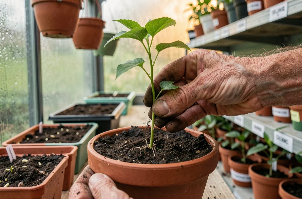 Mains masculines plantant une bouture de chèvrefeuille dans un pot de terre dans une serre de jardinage