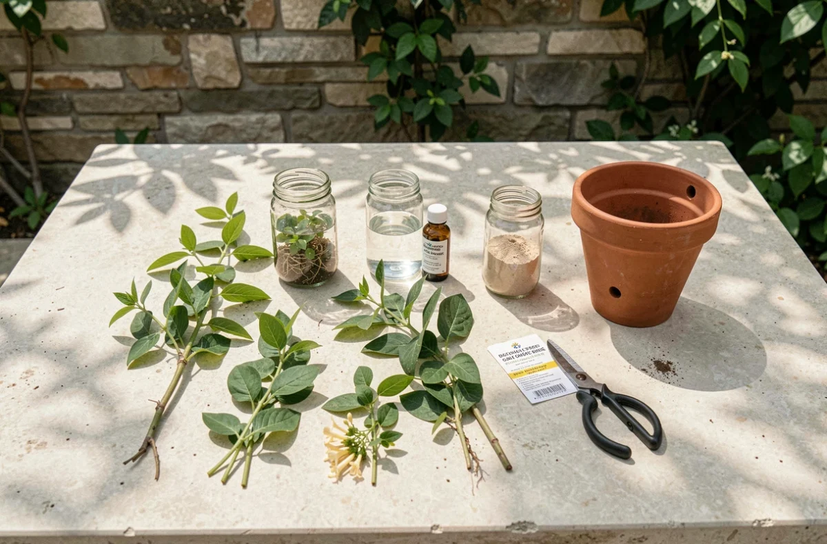 Vue de dessus d'un ensemble de boutures de chèvrefeuille avec outils et hormone de bouturage sur une table en pierre