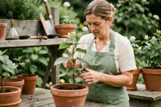 Femme qui taille une bouture de chèvrefeuille sur une table de rempotage en bois avec des outils de jardinage