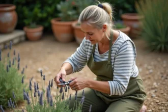 Femme prélevant une bouture sur un vieux pied de lavande dans un jardin de garrigue