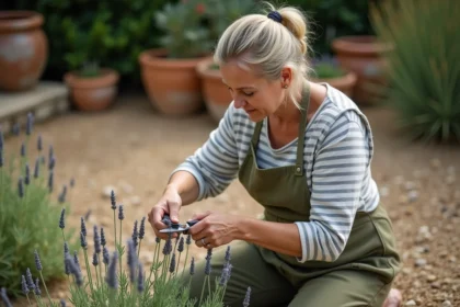 Femme prélevant une bouture sur un vieux pied de lavande dans un jardin de garrigue