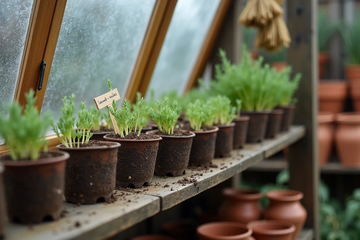 Boutures de lavande en godets avec formation des premières racines dans un châssis froid de jardin