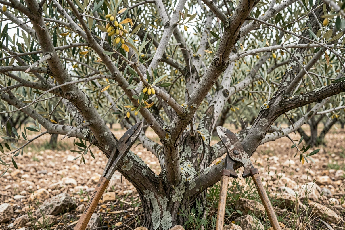 Détail des branches enchevêtrées et de la densité excessive d'un olivier mal taillé en verger