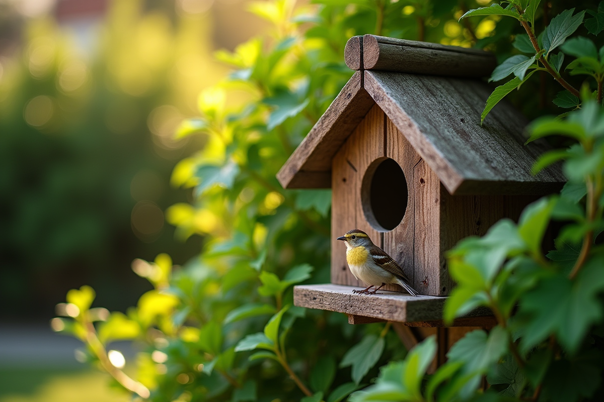 Nichoir en bois dans un jardin verdoyant avec un moineau