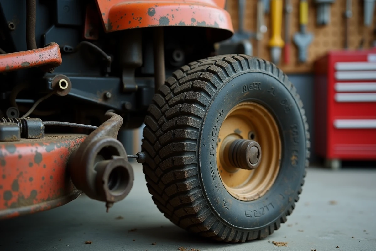 Gros plan sur le câble d'enclenchement de lame rouillé et le levier PTO d'un tracteur tondeuse