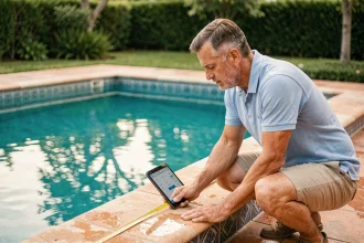 Homme mesurant les dimensions d'une piscine rectangulaire avec un mètre ruban et une tablette affichant un calculateur de volume