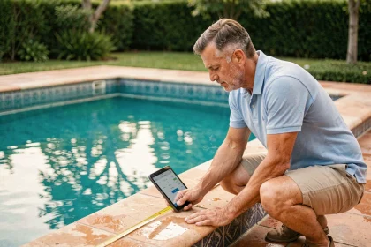 Homme mesurant les dimensions d'une piscine rectangulaire avec un mètre ruban et une tablette affichant un calculateur de volume
