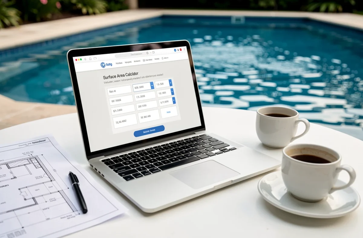 Ordinateur portable affichant un calculateur de volume et surface de piscine posé sur une table de jardin avec un plan de bassin imprimé