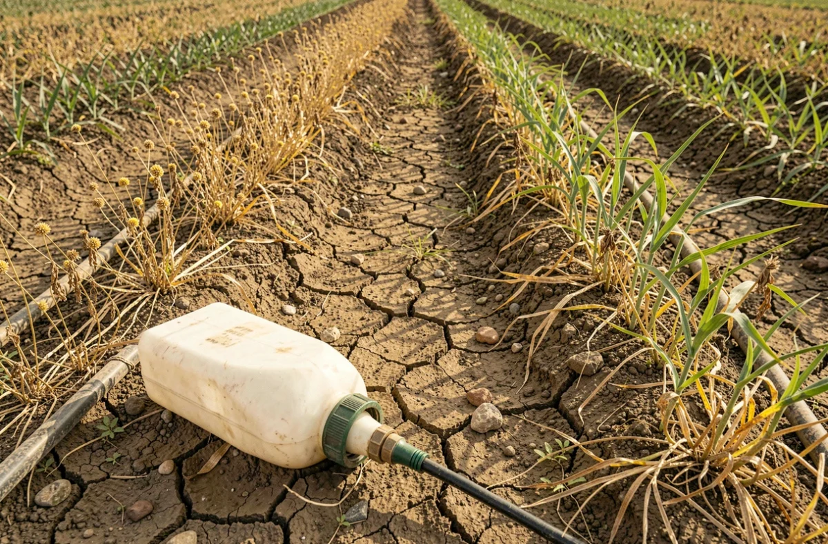 Champ agricole espagnol traité au glyphosate avec pulvérisateur abandonné sur sol argileux fissuré