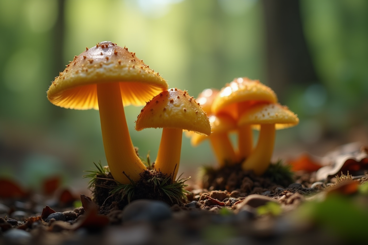 Gros plan sur un faux chanterelle sur sol humide forêt