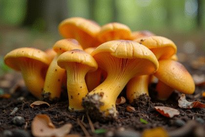 Champignons chanterelle et girolle sur sol forestier