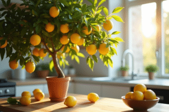 Citronnier dans une cuisine moderne lumineuse avec citrons mûrs