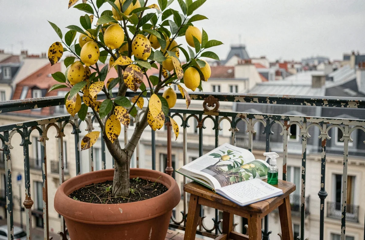Citronnier en pot sur balcon urbain avec feuilles tachées de marron et matériel de diagnostic végétal