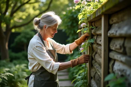 Femme jardinière guidant des clématites grimpantes sur un treillis en bois dans une zone ombragée du jardin