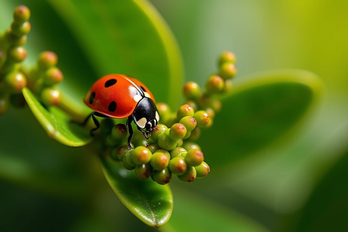 Coccinelle prédatrice dévorant des pucerons sur une branche de laurier rose, prédateur naturel au jardin