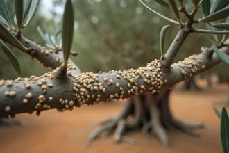 Gros plan sur des cochenilles sur une branche d'olivier avec résidu de miellat collant
