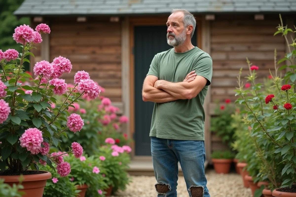 Homme comparant deux arbustes fleuris roses côte à côte, l'un bien planté et en pleine floraison, l'autre mal planté et en train de dépérir